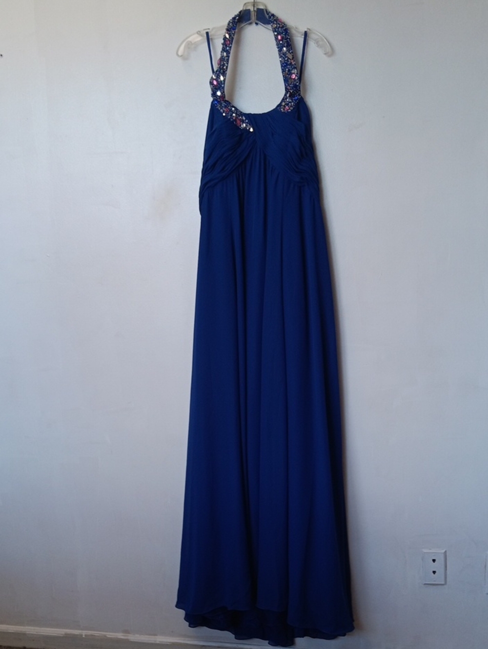 Vintage Faviana Royal Blue Halter Maxi Dress with Beaded Neckline